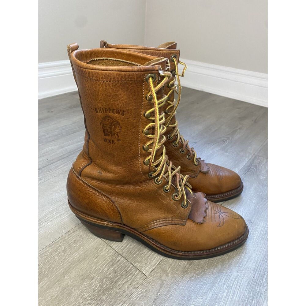 Vintage Chippewa Packer Boots Men's 9.5 Brown Leather Kiltie Western USA Made